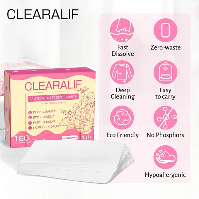 Laundry Detergent Sheets Up to 160 Loads, Fresh Flower - Great For Travel,Apartments, Dorms,CLEARALIF Laundry Detergent Strips Eco Friendly & Hypoallergenic - 80 Sheets