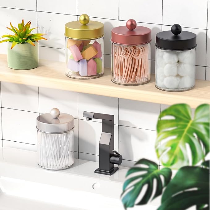 4 Pack Glass Apothecary Jars with Lids for Bathroom, Cute Qtip Holder, Black Bathroom Accessories Set, Small Bathroom Canisters with Lids for Q-Tips, Cotton Swabs, Black Bathhouses Decor