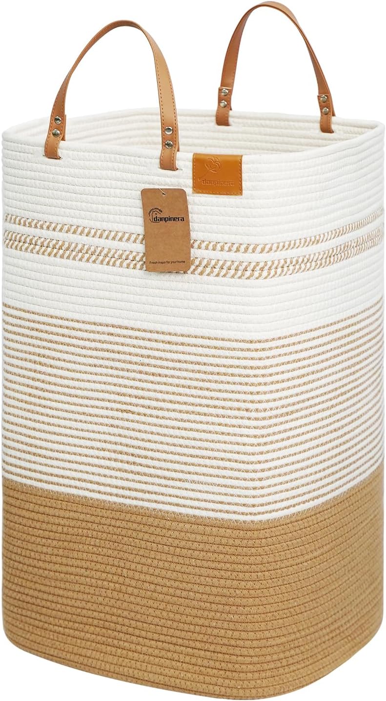 danpinera Large Laundry Hamper – 75L Tall Woven Cotton Storage Basket with Leather Handles, Slim Dirty Clothes Hamper, Decorative Storage Basket for Blanket,Toys White & Jute
