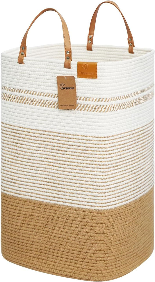 danpinera Large Laundry Hamper – 75L Tall Woven Cotton Storage Basket with Leather Handles, Slim Dirty Clothes Hamper, Decorative Storage Basket for Blanket,Toys White & Jute