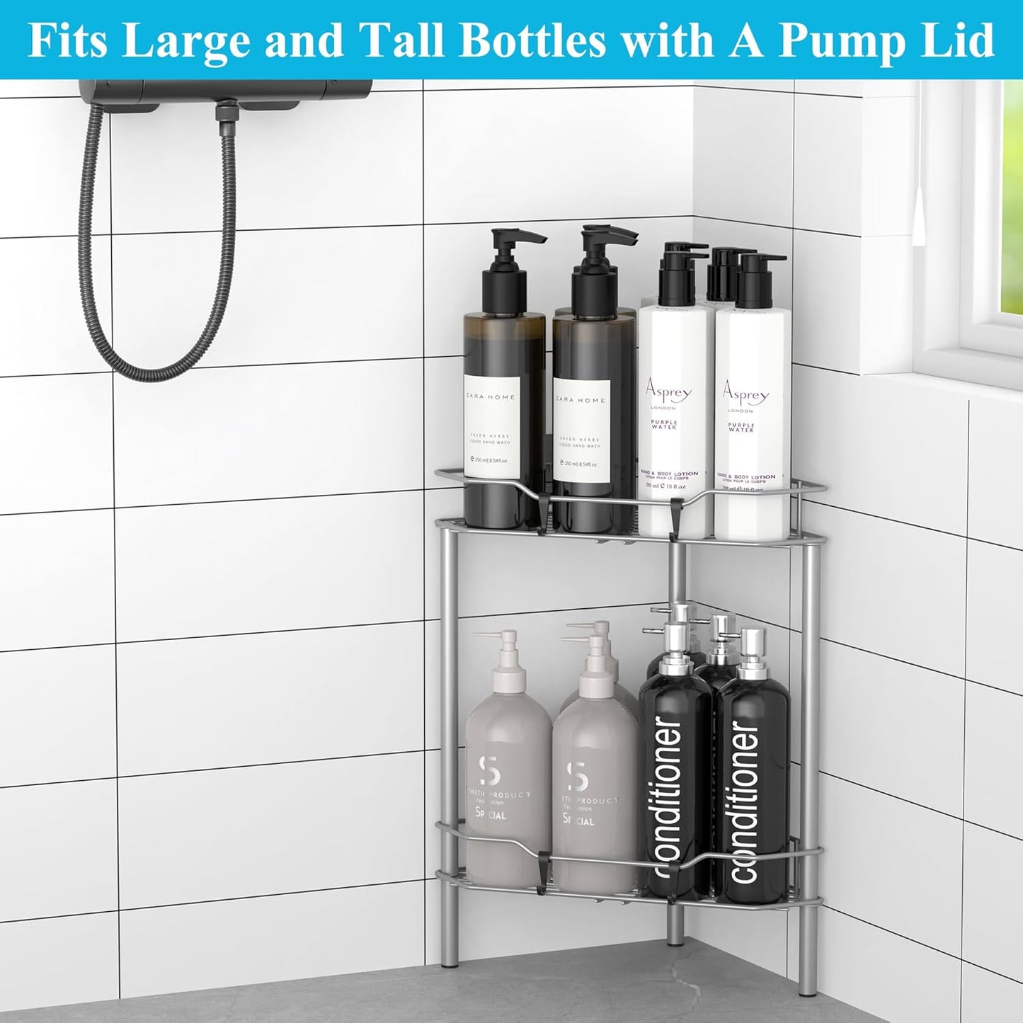 2 Tier Floor Standing Corner Shower Caddy Organizer Shelf with Hooks, Bathroom Shelves Stand Rack, Gray