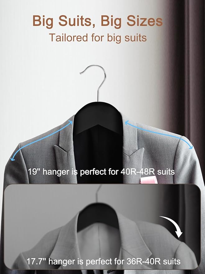 HOUSE DAY 19'' Extra Wide Shoulder Wooden Hangers 6 Pack, Premium Large Wood Suit Hangers with Non Slip Pant Holder, Wide Shoulder Hangers for Suits, Coats, Jackets, Heavy Wide Clothes Hanger, Black