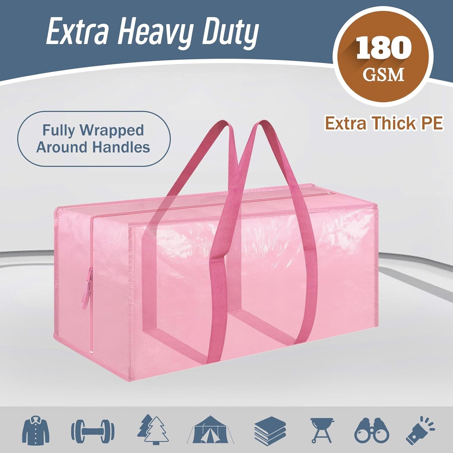 6 Pack Extra Heavy Duty Large Moving Bags with Strong Zipper & Comfortable Handles, Sturdy & Durable Clothes Storage Bags Totes Bins, Packing Moving Boxes for College Supplies, Pink