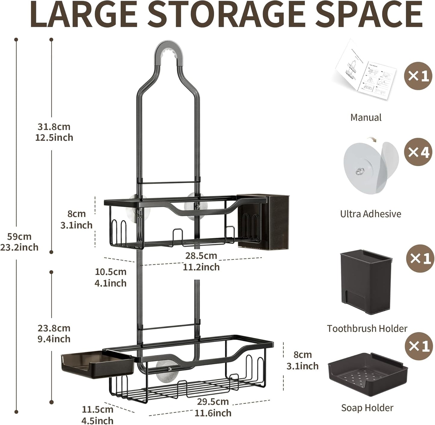 Shower Caddy Hanging 2-Tier Bathroom Organizer for Tall Showerhead with Soap Dish and Toothbrush Holder,Rustproof Over Shower Head Rack,Black