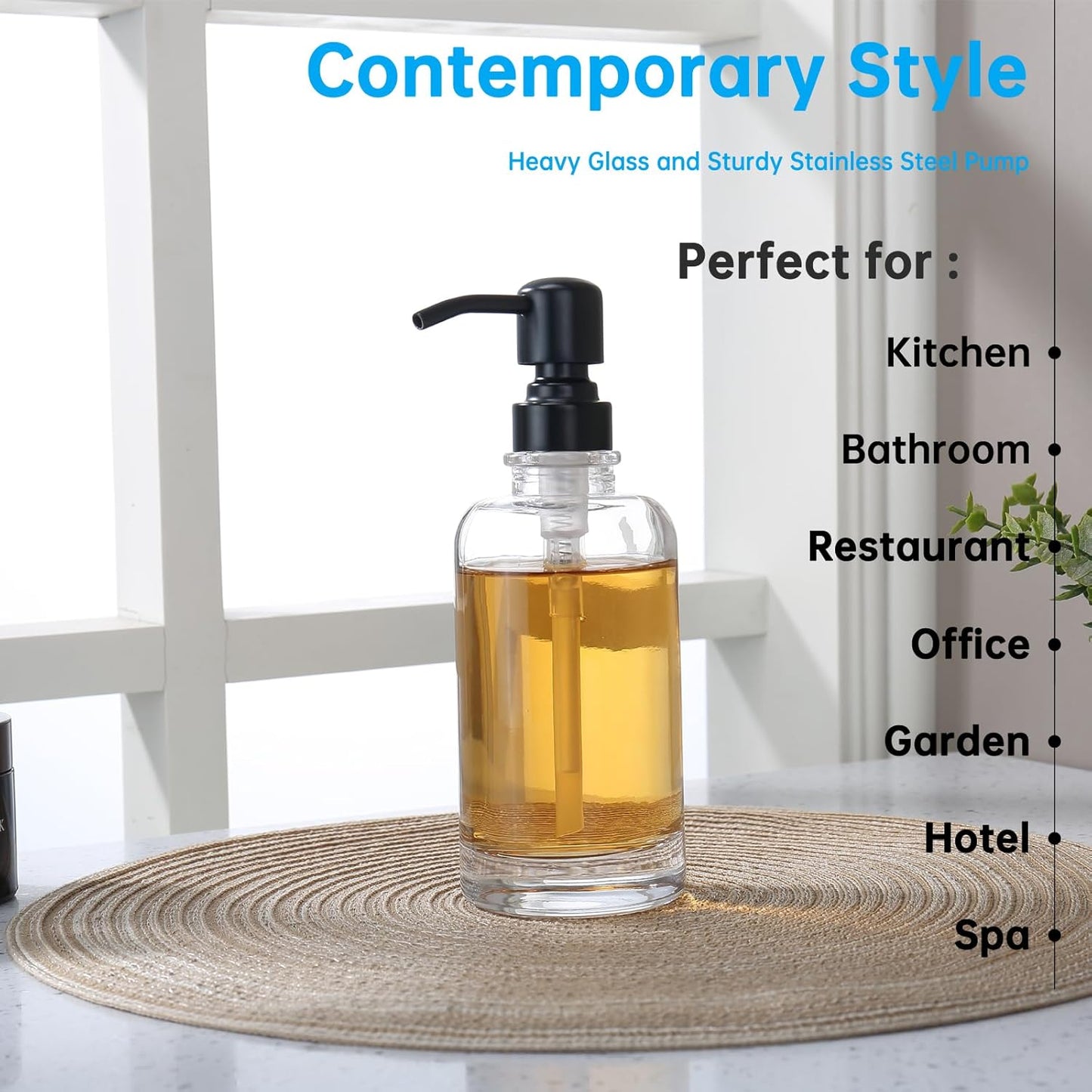 Bathroom Soap Dispenser Black, 11 oz Glass Cylindrical Bottles with Stainless Steel Pump Liquid Hand Soap Dispenser Kitchen