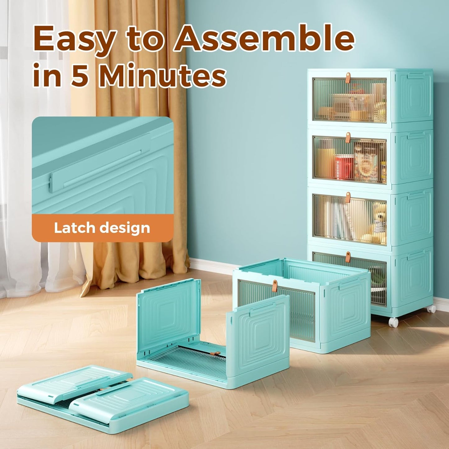 4 Tier Stackable Plastic Storage Bins with Lid and Wheels - 23 QT Closet Organizers and Storage, Foldable Storage Containers, Organization and Storage Boxes for Craft, Home, Pantry, Dorm, Green