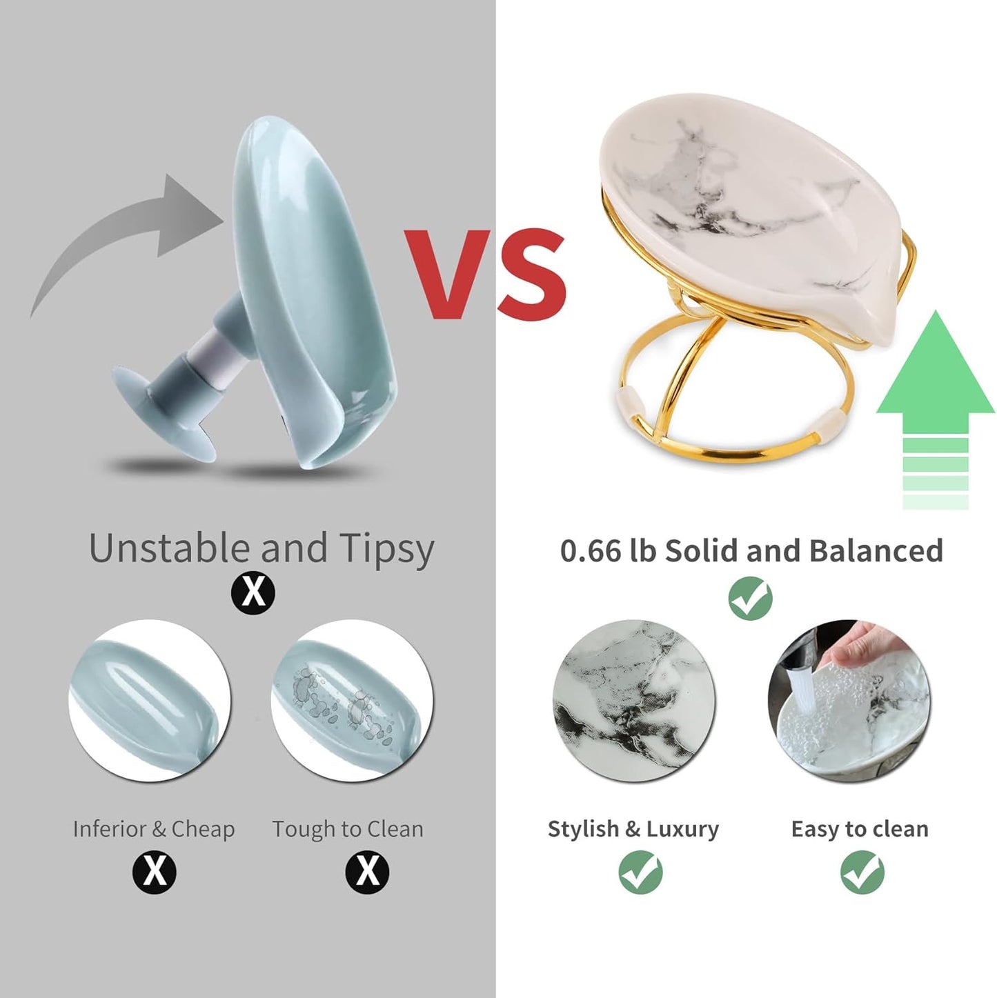 Leaf-Shaped Soap Dish – Ceramic Soap Bar Holder with Self-Drainage System – Bar Soap Holder for Shower, Bathroom Sink, Kitchen – Soap Dish with Stainless Steel Stand (White-Gold-2 Pack)