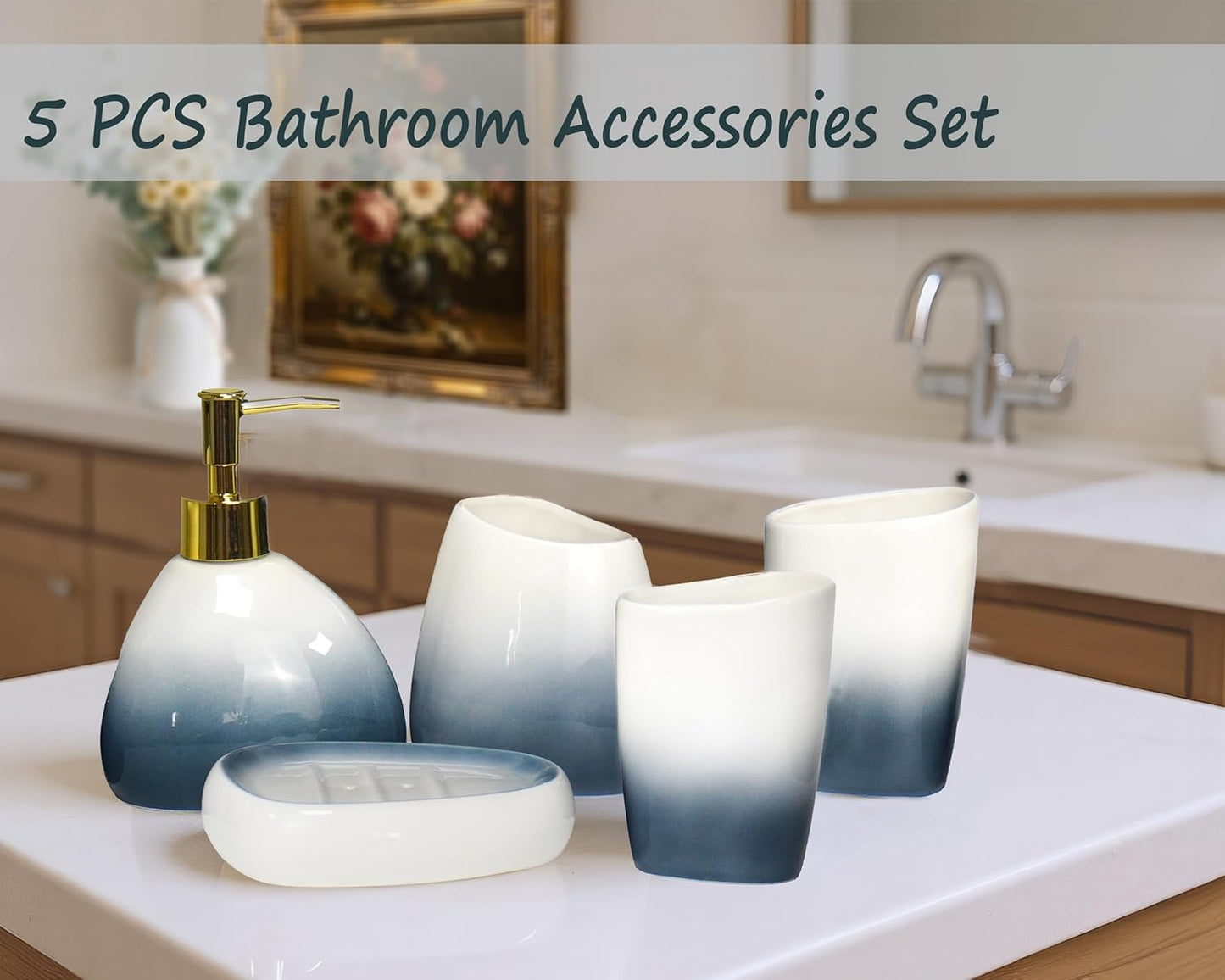 5 Piece Ceramic Bathroom Accessory Set in Ombre Blue, Includes Soap Dispenser, Toothbrush Holder, Soap Dish & 2 Mouthwash Cups, Modern Elegant Countertop Decor for Bathroom Vanity