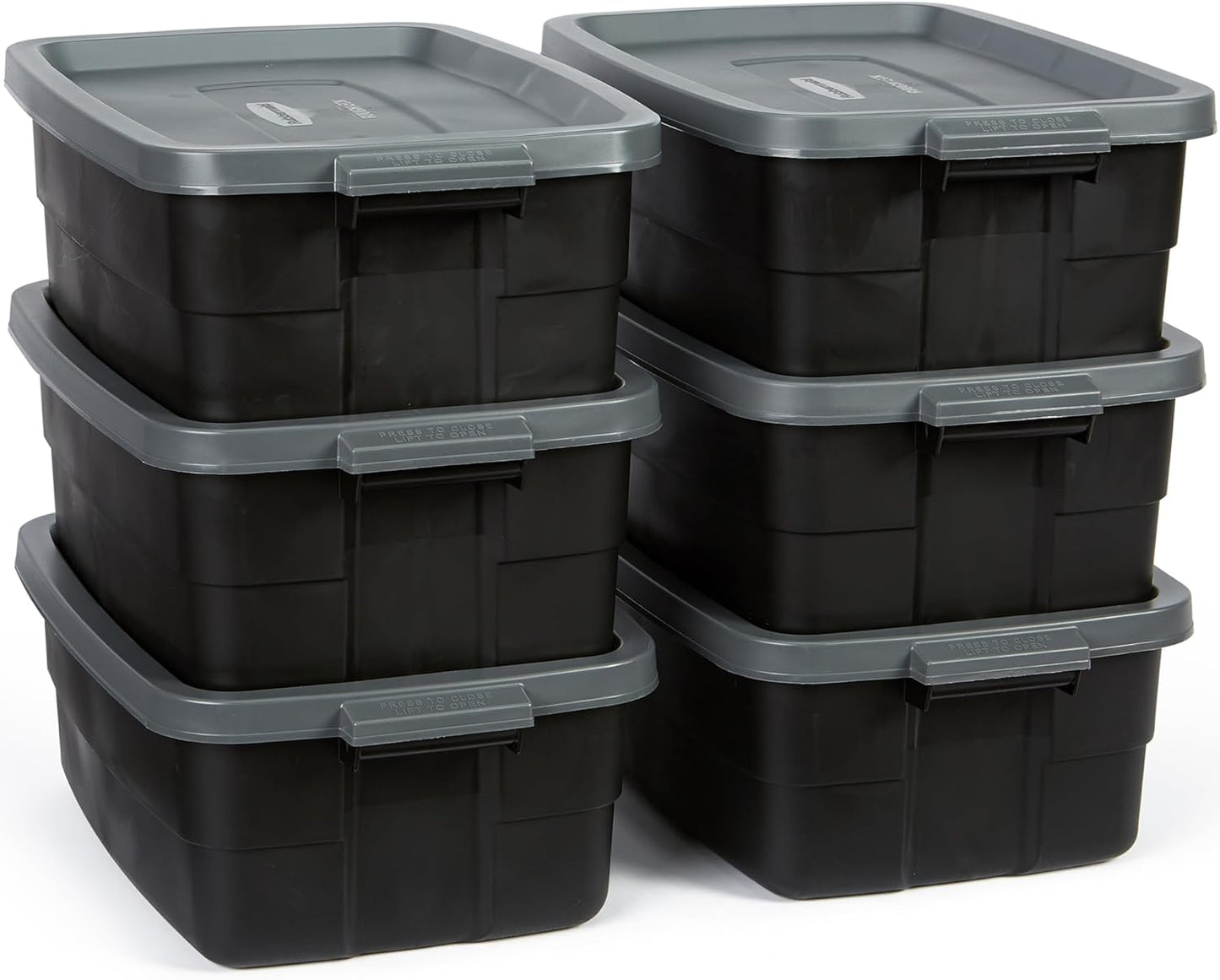 Rubbermaid 6-Pack Totes for Storage with Lids, Heavy Duty Plastic Storage Bins with Lids, Black Gray, 10 GAL - Stackable for Garage, Attic, Camping (10 GAL - 6 Pack Solid Black and Grey)