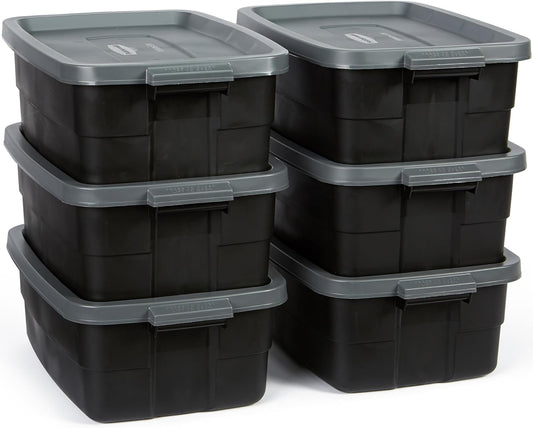 Rubbermaid 6-Pack Totes for Storage with Lids, Heavy Duty Plastic Storage Bins with Lids, Black Gray, 10 GAL - Stackable for Garage, Attic, Camping (10 GAL - 6 Pack Solid Black and Grey)