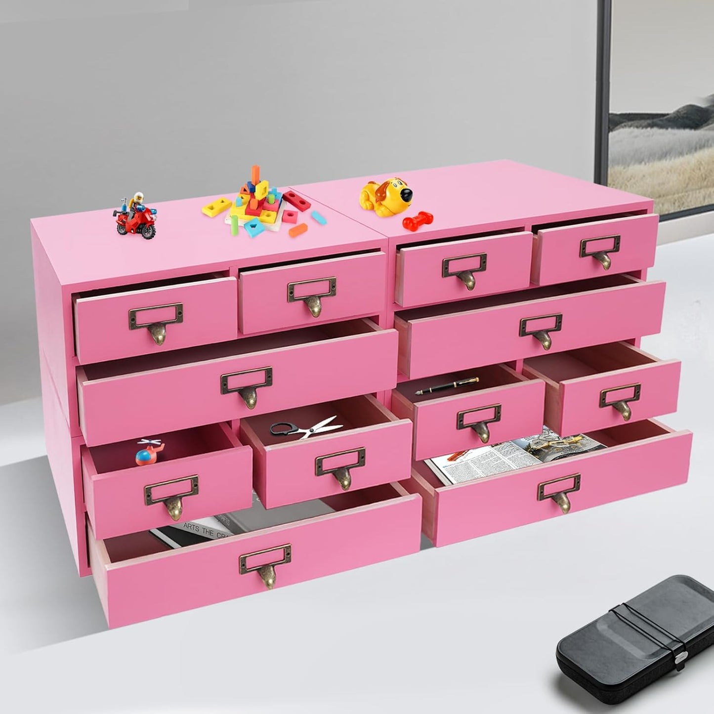 4-Piece Desktop Organizer Set with 3 Drawers, Wood & Metal Drawer Storage, Wooden Desktop Organizer for Store Cosmetics, Jewelry, Letters, Papers, Tea Bags, Sugar Packets (Pinck)