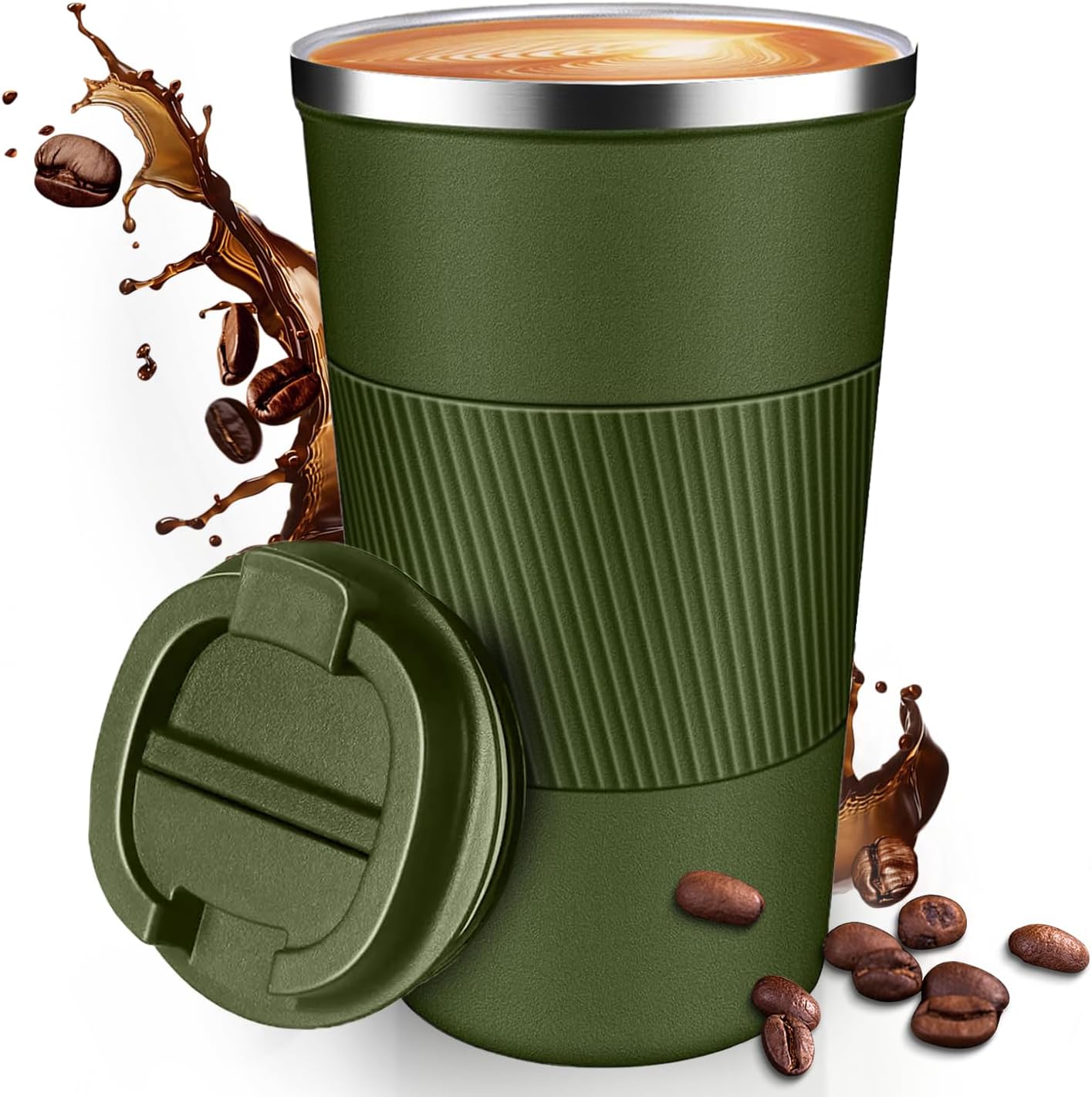 17OZ Travel Coffee Mug Insulated Coffee Cup with Spill Leak Proof Lid, Portable Stainless Steel Tumbler Reusable Hot and Cold Water Mug for Car, Daily, Camping- Military Green
