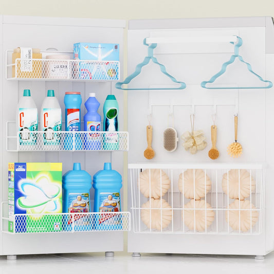 6-Pack Magnetic Shelves for Washing Machine & Refrigerator, Heavy-Duty Laundry Organizer with Hanger Holder & Deep Baskets, Metal Storage System for Laundry Room (White)