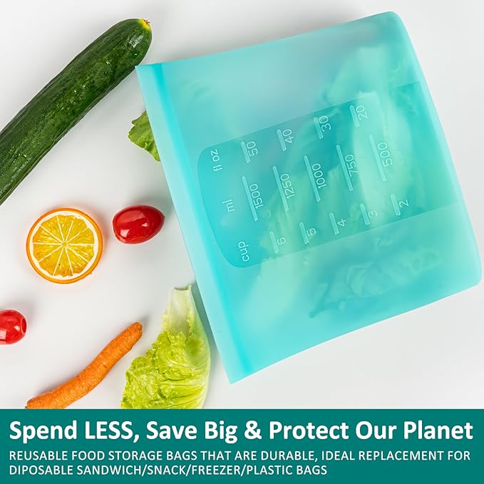 12-Pack Reusable Silicone Food Storage Bags, 100% Silicone Stand-Up Wide-Open Zip-Lock Reusable Storage Bags for Food, Freezer Microwave Oven Dishwasher Safe, Aqua, 4L 4M 4S