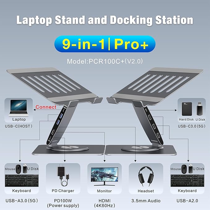 Adjustable Laptop Stand for Desk with Docking Station 9-in-1, Aluminum Laptop Riser with USB Hub, 360° Swivel, Dual Display 4K60Hz HDMI, 3 USB3.0, 100W PD Charging, for MacBook Pro Air/Dell/HP 7-15.6"