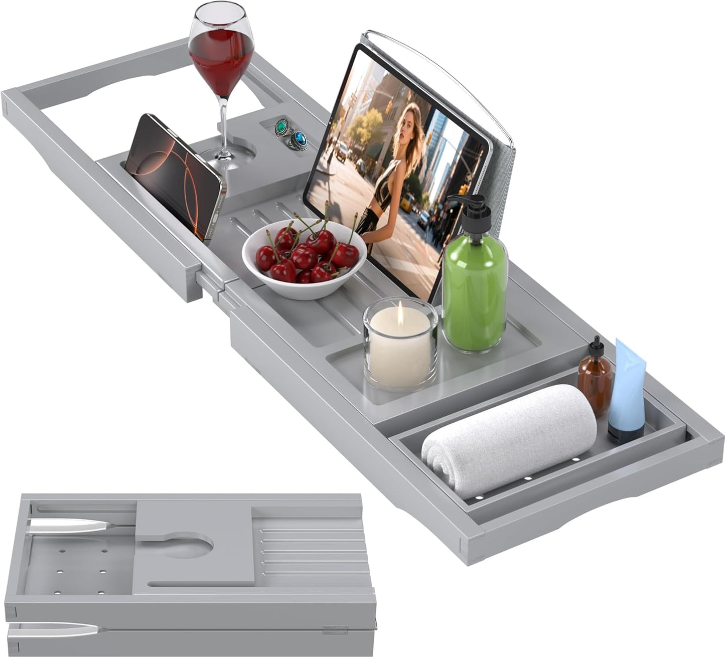 Foldable Bathtub Caddy Tray for Tub,Bamboo Expandable Bath Table Trays,Premium Bathroom Accessories for New Home & Mothers Day & Birthday Gifts for Couples,Gray