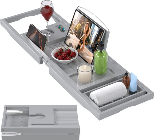 Foldable Bathtub Caddy Tray for Tub,Bamboo Expandable Bath Table Trays,Premium Bathroom Accessories for New Home & Mothers Day & Birthday Gifts for Couples,Gray