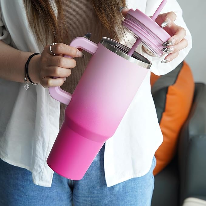 40 oz Tumbler with Handle and 2 Straws,2 in 1 Lid Insulated Water Bottle Stainless Steel Travel Coffee Mug,Day Night