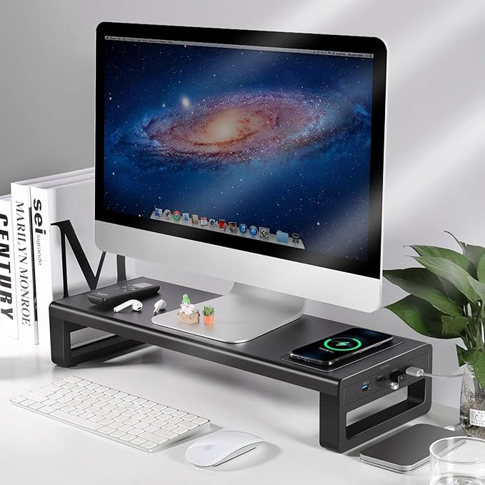 Vaydeer Wireless Charging and USB 3.0 Monitor Stand, Monitor Riser for Desk with Storage, Single Shelf Holder Raiser Organizer for Computer iMac Laptop PC Screen, Heavy Duty Gift Gaming Studio Office