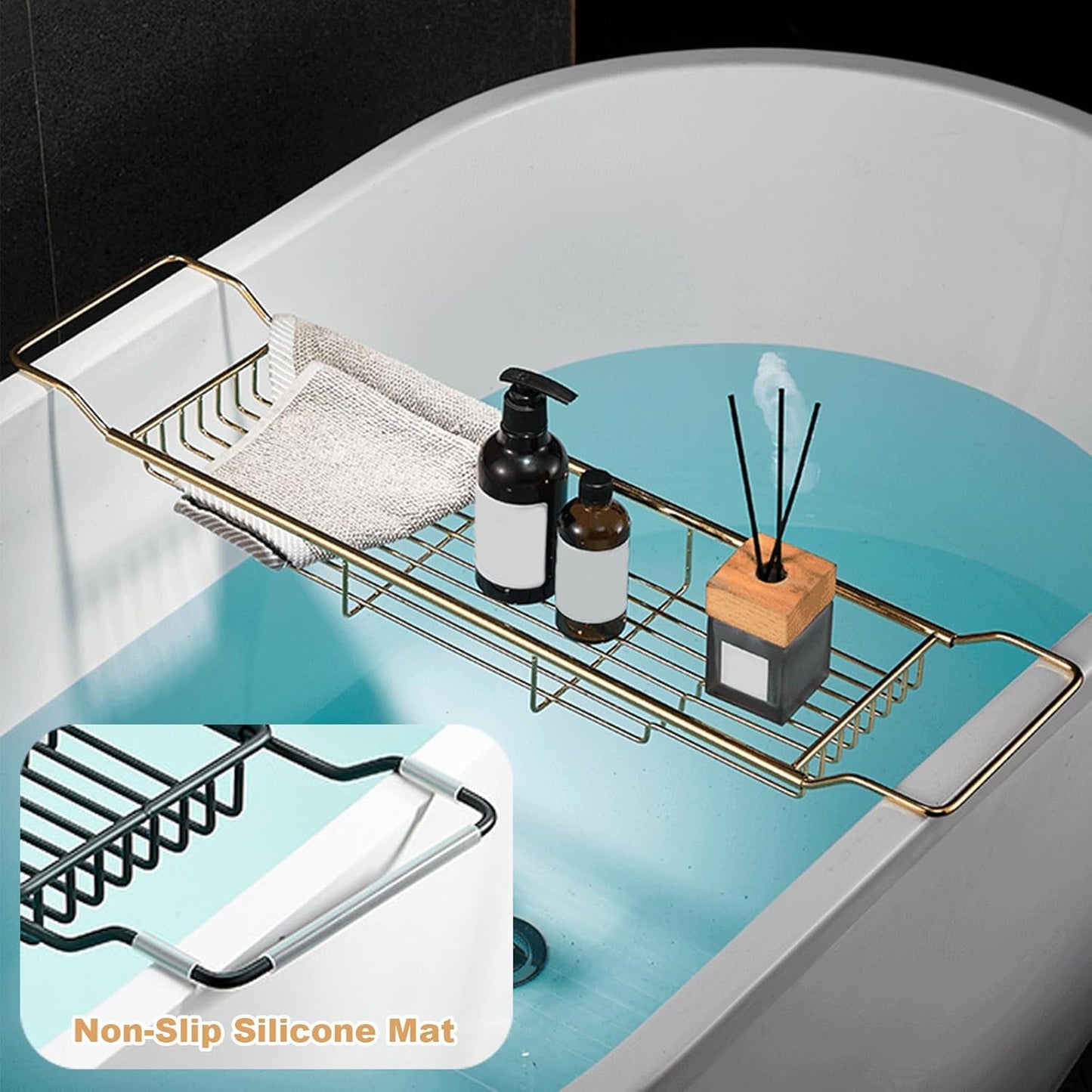 Stainless Steel Bathtub Caddy Tray, Expandable Bathtub Holder Table, Adjustable Bathroom Tray, Bath Organizer Tub Shelf,Gold,26.8~35.4in