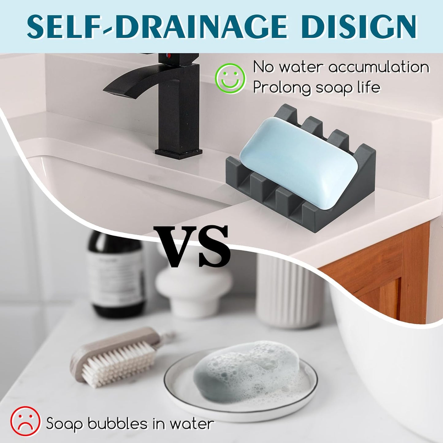Silicone Soap Dish with Drain, Upgrade Double Suction Cups at The Bottom for Anti-Slip and Stability, Soap Dish Shower Waterfall Bar Soap Holder Tray with Drain Soap Holder (2, Grey)