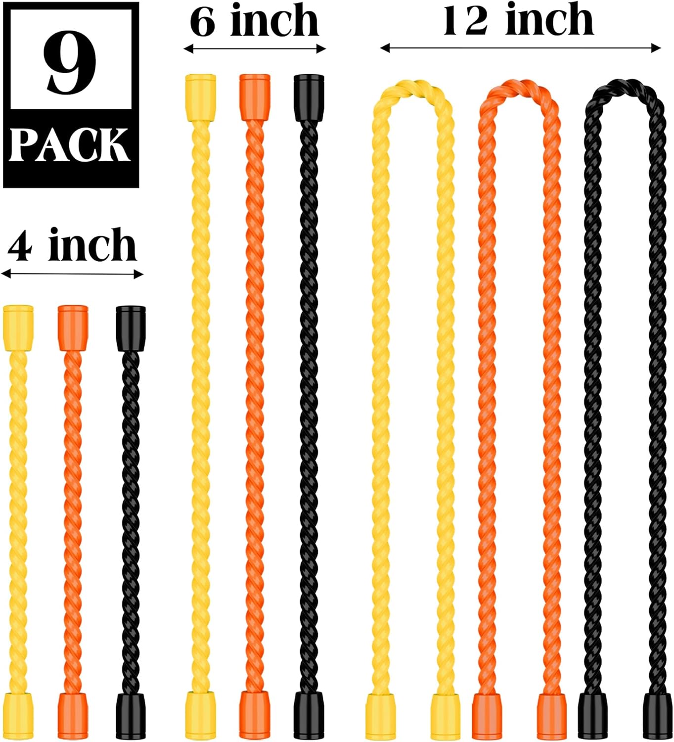 9 Pack 4-Inch, 6-Inch, 12-Inch Silicone Cable Ties - Reusable, Bendable Rubber Twist Ties to Organize & Bundle Cords, Wires (3 Colors)