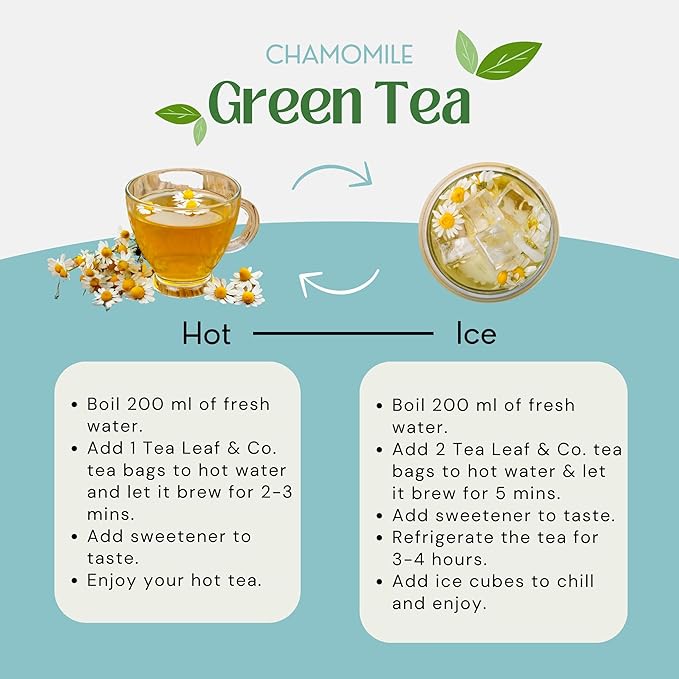 Tea Leaf & Co. Chamomile Green Tea Bags (50 Count), Lemon Extract & Lemongrass Green Tea, Caffeinated, Real & Natural, Blended with Fresh Herbs & Spices, Gluten Free