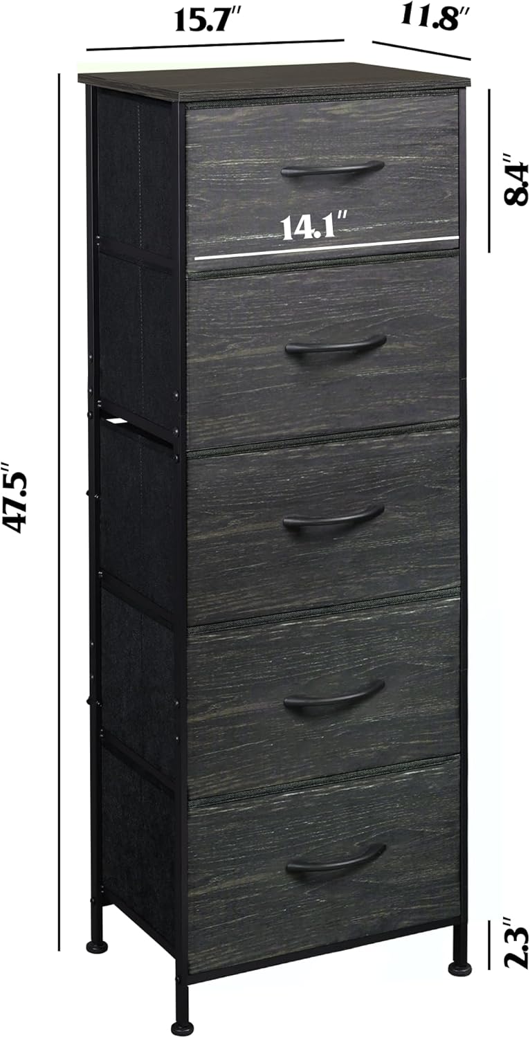WLIVE Fabric Dresser, 5-Drawer Tall Dresser for Bedroom, Storage Dresser Organizer with Fabric Bins, Wood Top, Sturdy Steel Frame, Chest of Drawers for Closet, Hallway, Charcoal Black Wood Grain Print
