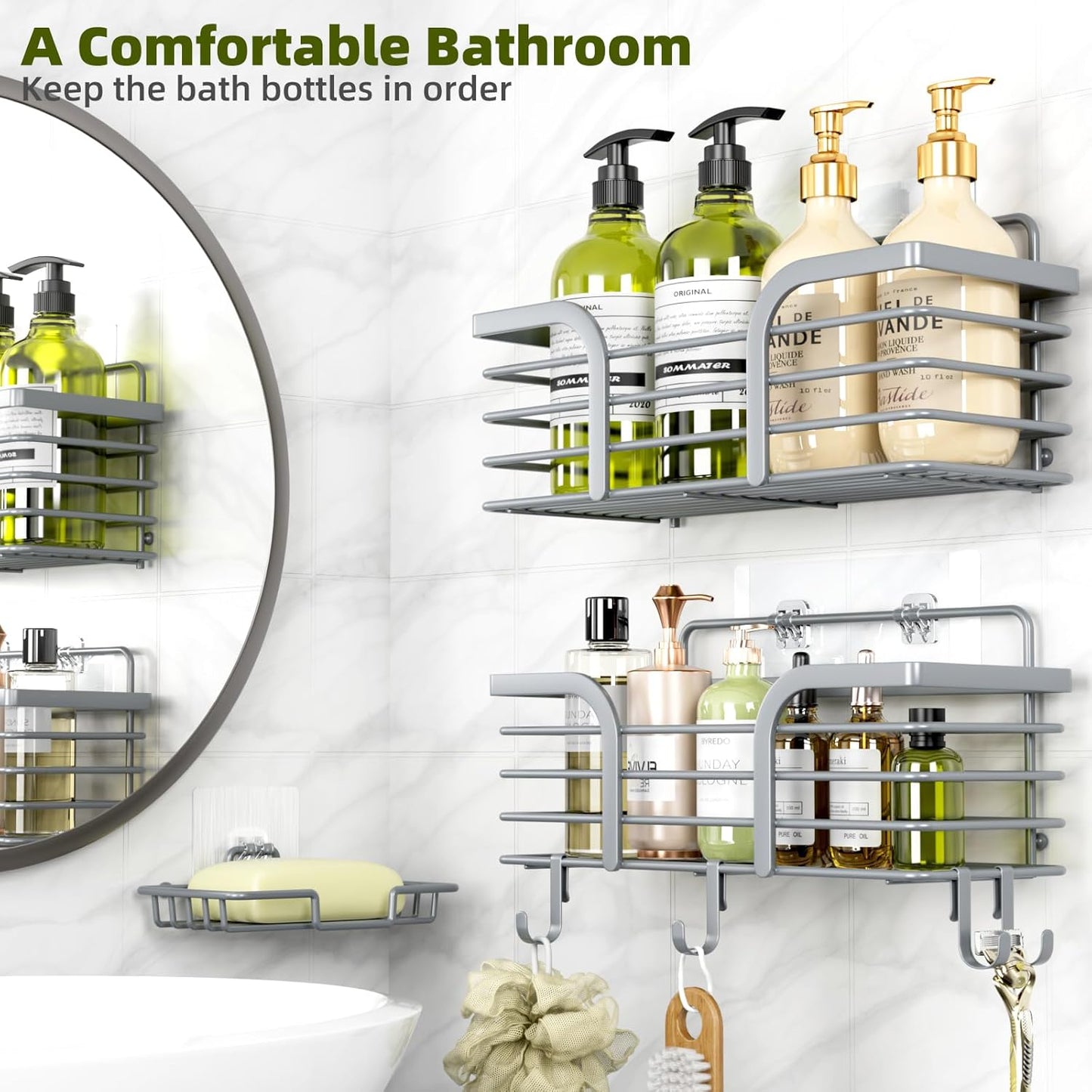 Shower Caddy 3 Pack, Adhesive Shower Shelf Organizer Rack, Rustproof Stainless Steel Bathroom Organizers and Storage, Large Capacity Wall Mounted No Drilling Bathroom Accessories