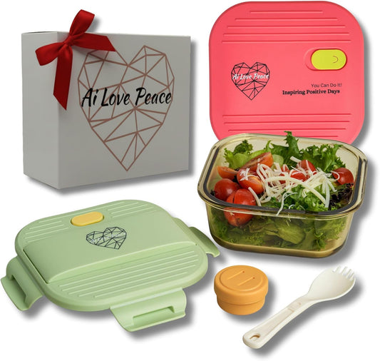 Ai Love Peace Soup Container with Dual Lids,26 oz Borosilicate Glass Lunch Box | Leakproof Lid+ Microwave &Safe Freezer Lid, Stackable,Glass Meal Prep Food Storage,Perfect for Work & Soup Lovers Gift.