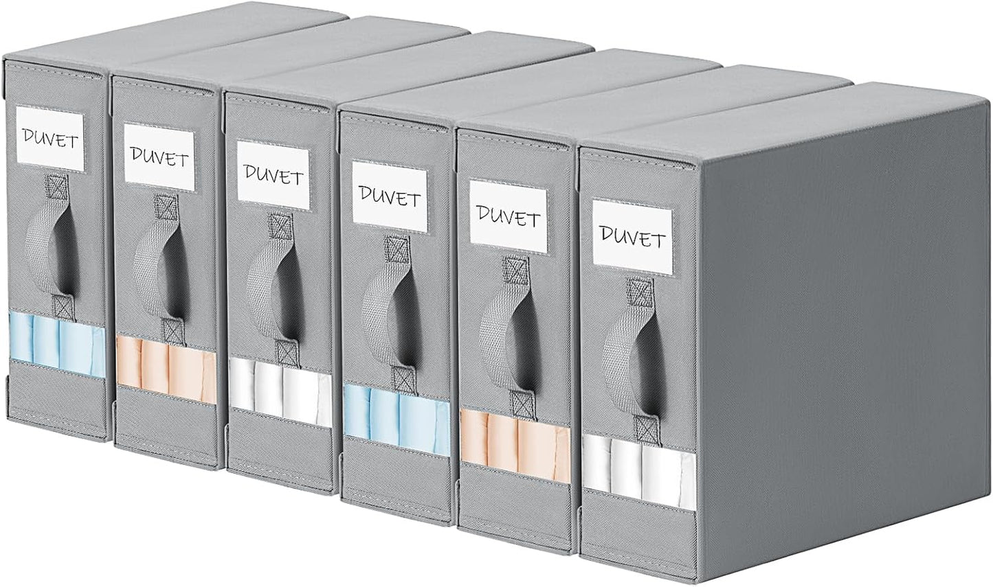 DIMJ Bed Sheet Organizers and Storage 6 Pack - Foldable Sheet Holder for Linen Bedding Storage Box for organization, Sheets Set Holder for Blanke, Towel (King & Queen Size), Grey