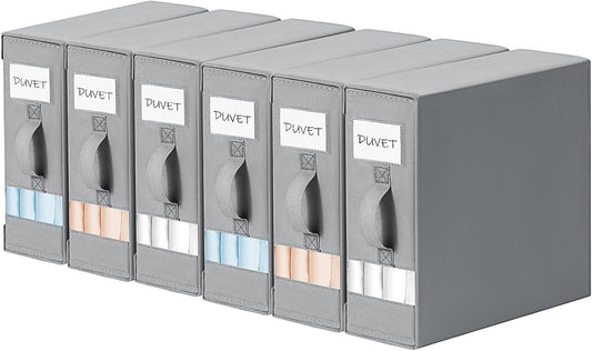 DIMJ Bed Sheet Organizers and Storage 6 Pack - Foldable Sheet Holder for Linen Bedding Storage Box for organization, Sheets Set Holder for Blanke, Towel (King & Queen Size), Grey