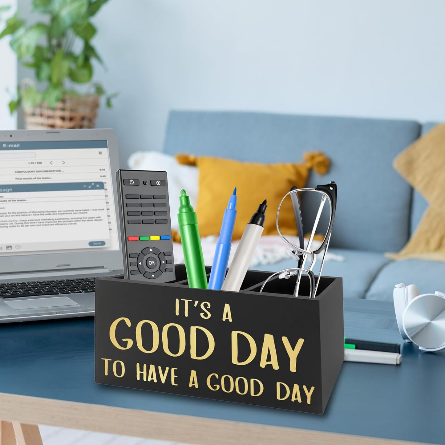 Inspirational Office Pen Pencil Holder Organizer for Desk, It's a Good Day to Have a Good Day Positive Wooden Box Signs Decorations for Home Office Desk Tabletop, Motivational Gifts for Women