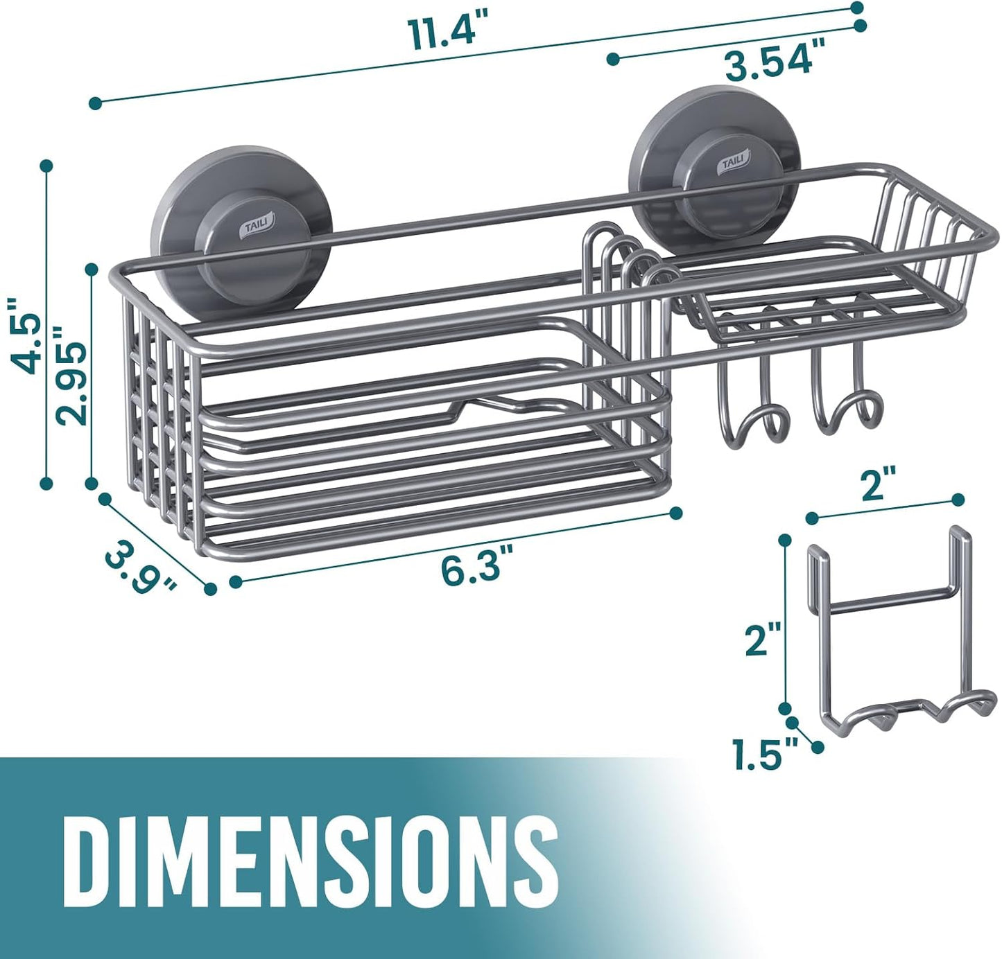 TAILI Shower Caddy Suction Cup with Hooks & Soap holder, Heavy Duty Bathroom Shower Organizer, No Drilling Shower Shelves for Inside bathroom, Metal Storage Basket-Grey