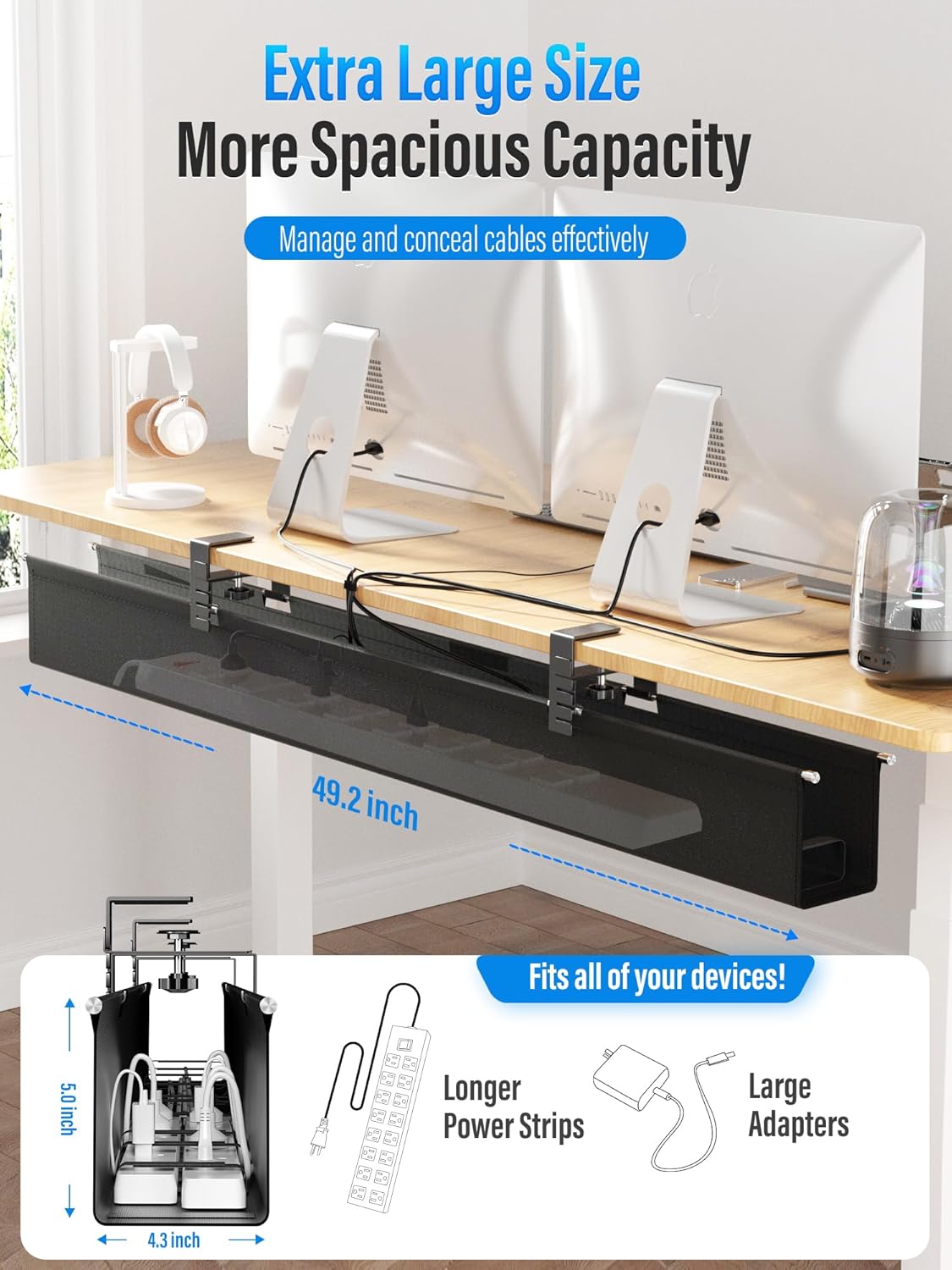 [Upgraded] Large Under Desk Cable Management Tray, Cinati Cable Management Under Desk No Drill, 49.2" Fabric Cord Hider for Wire Organizer, Cord Organizer for Office, Home - Supports Up to 30lbs Black