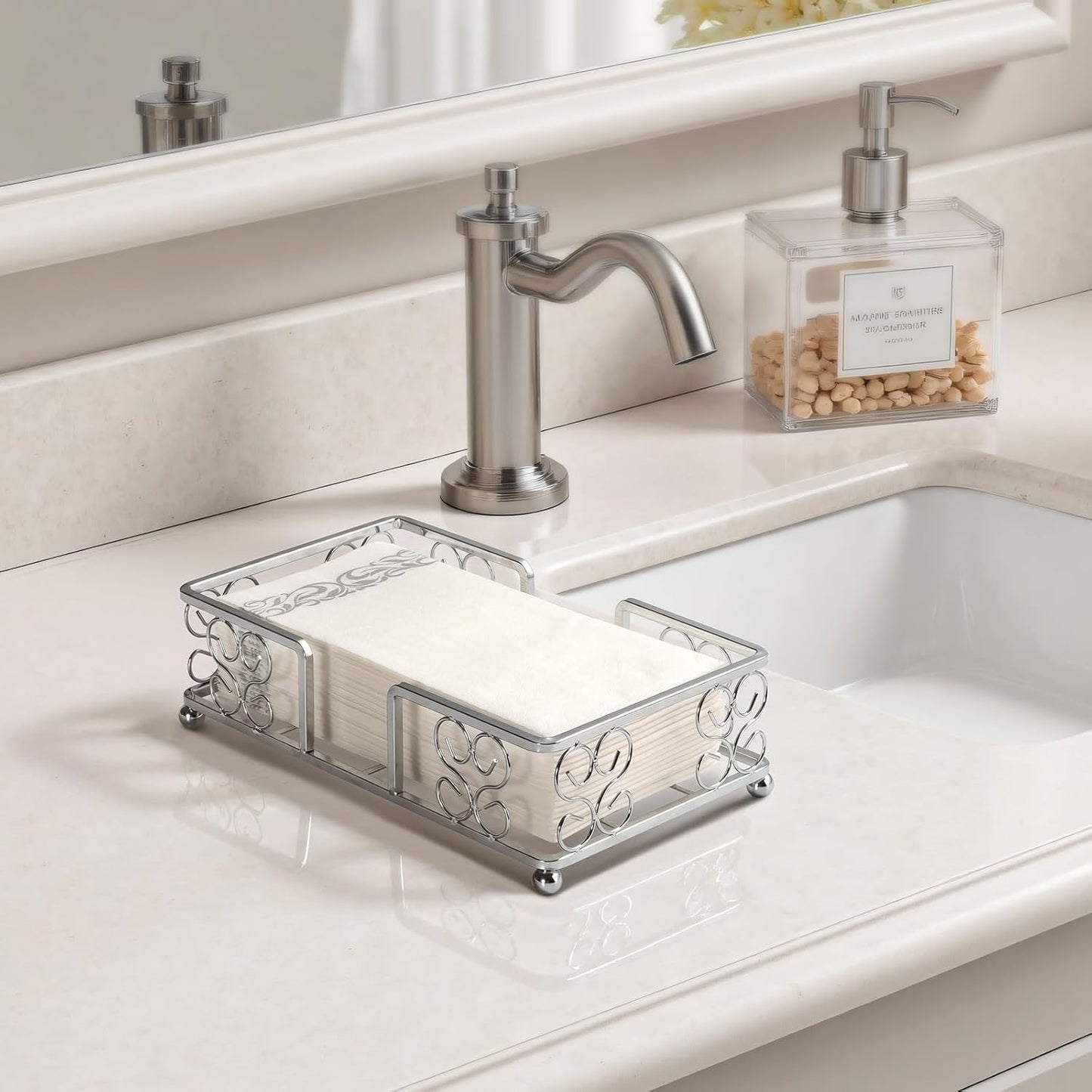 Stainless Steel Guest Towel Holder Tray for Bathroom, Silvery Counter Rectangular Bathroom Napkin Holder for Ktichen, Modern Disposable Hand Towel Holder Tray for Home, Bar, Hotel, Office