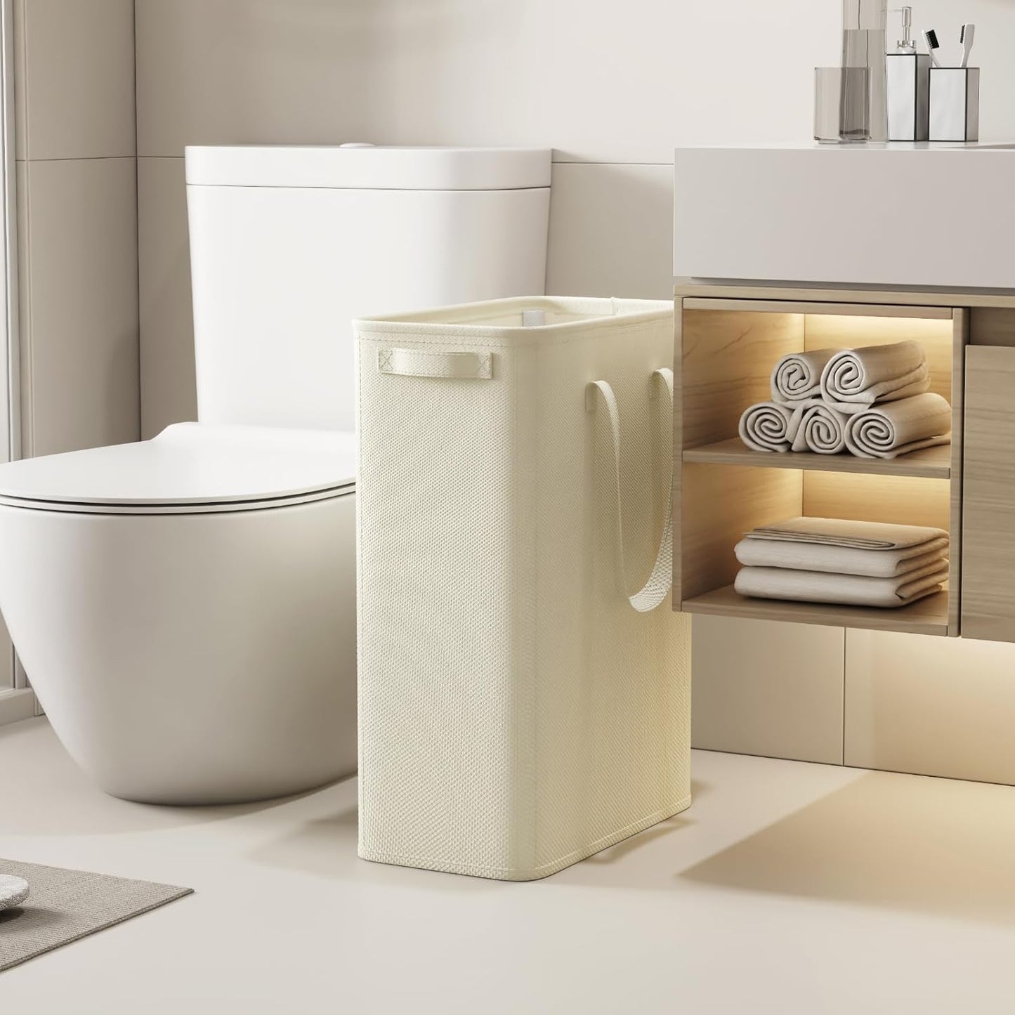 Lifewit 2 Pack Slim Laundry Hamper, Collapsible Narrow Laundry Basket, Small Tall Dirty Clothes Hampers with Handles for Bathroom Bedroom College Dorm, White, 50L