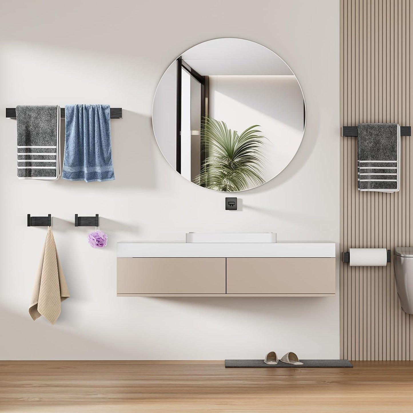 4 Pcs SUS304 Stainless Steel Bathroom Accessories Set, 24" Towel Bar, Towel Holder, Toilet Paper Holder, Robe Hook, Minimalist Design for All Styles Bathrooms (Brushed Black)