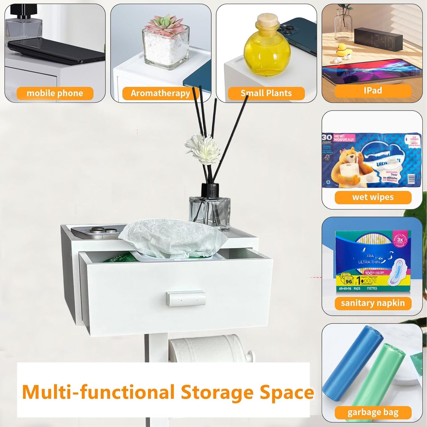 Freestanding Toilet Paper Holder Stand with Shelf, White Wooden Toilet Paper Roll Holder with Wet Wipes Storage Drawer,Bathroom(2 Rods,Stores 6 Rolls)