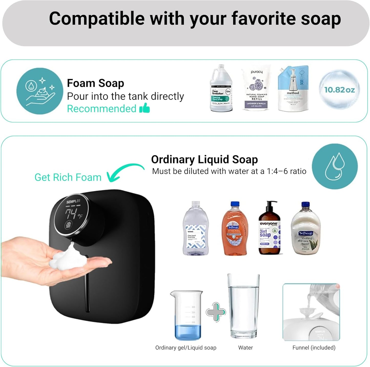 Automatic Soap Dispenser – Touchless Foaming Hand Soap Dispenser with Digital Display, 6 Adjustable Foam Levels, USB Rechargeable Wall‑Mount for Bathroom & Kitchen, 10.82 oz/320 ml