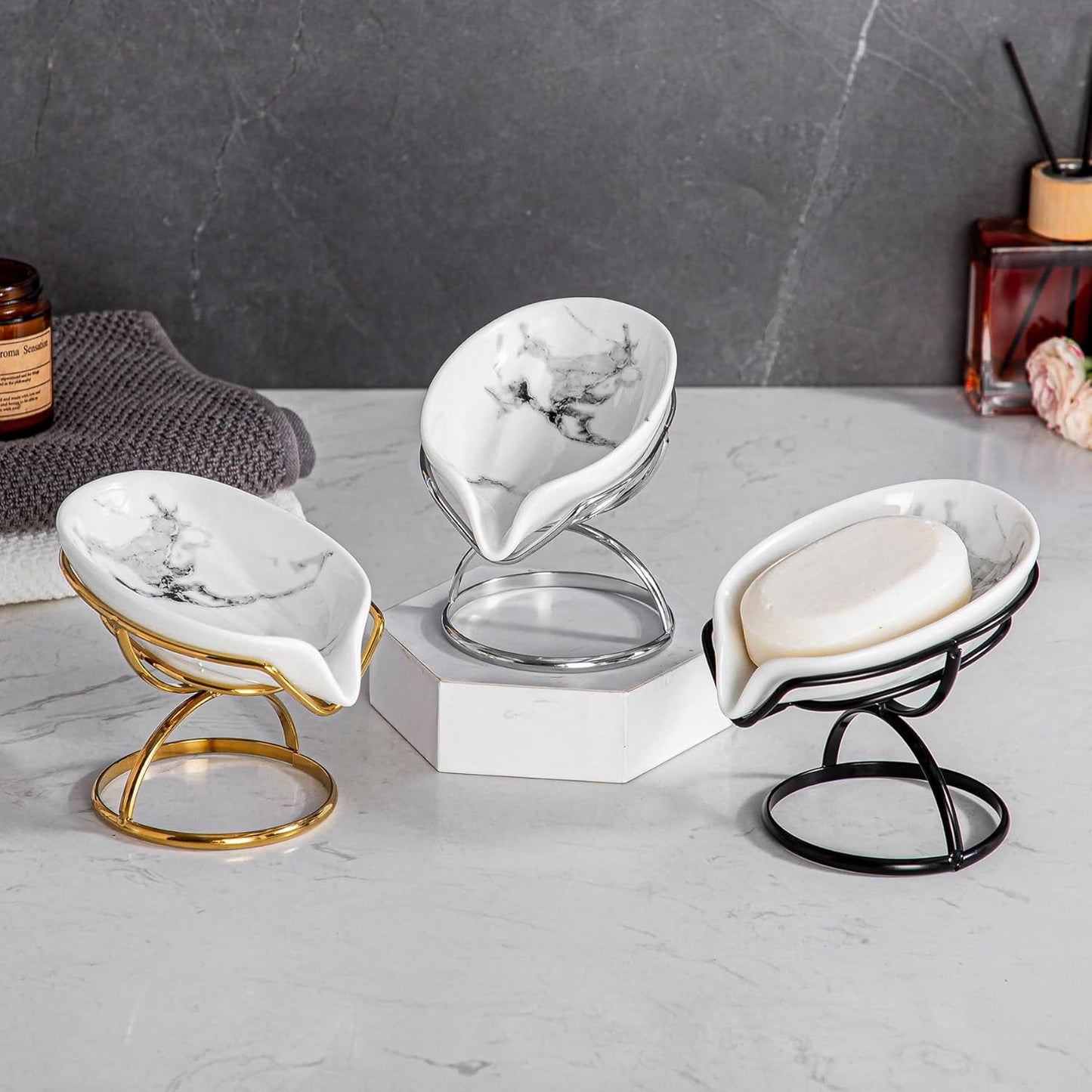 Leaf-Shaped Soap Dish – Ceramic Soap Bar Holder with Self-Drainage System – Bar Soap Holder for Shower, Bathroom Sink, Kitchen – Soap Dish with Stainless Steel Stand (White-Gold-2 Pack)