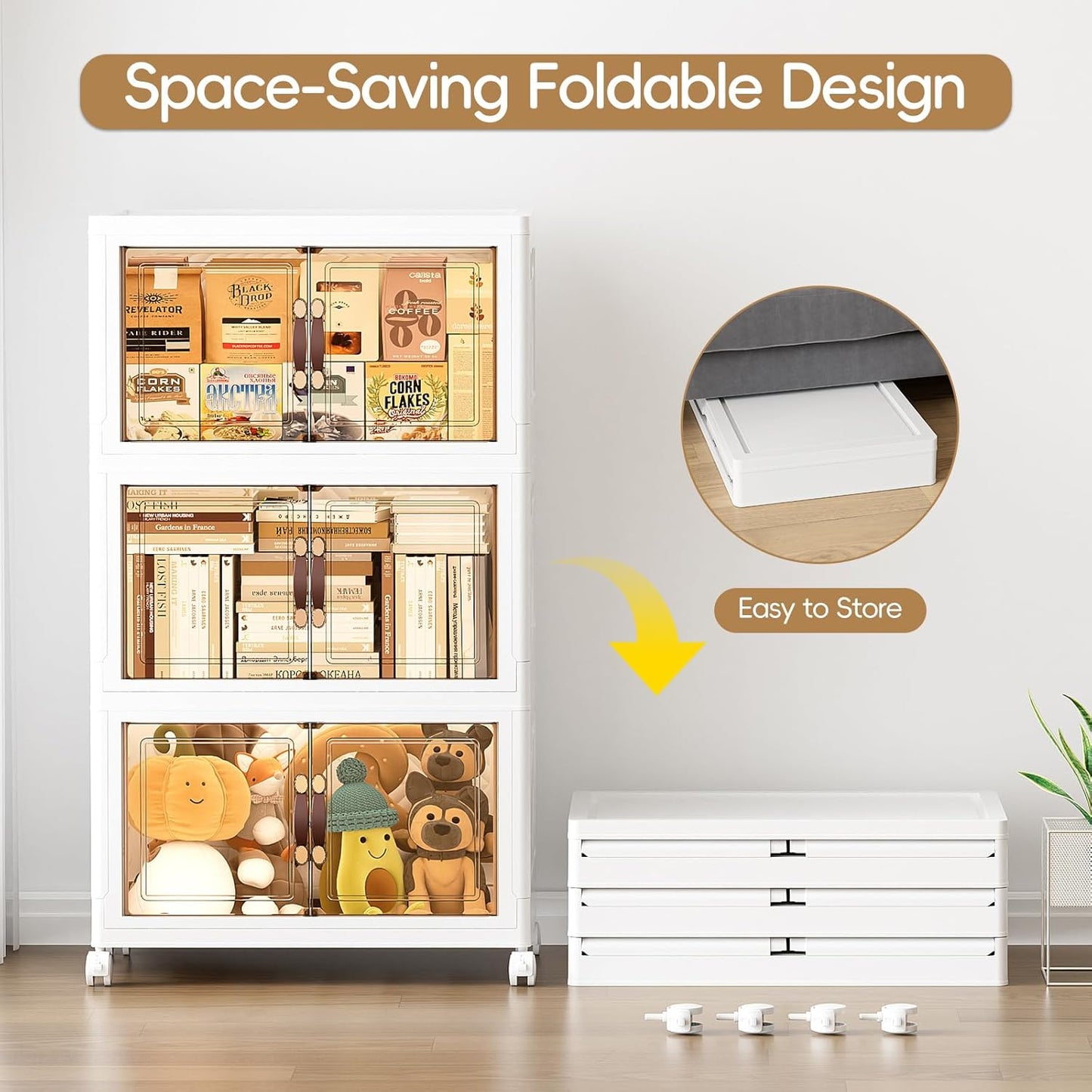 JEKO&JEKO 246Qt Stackable Storage Bins with Lids and Wheels, Foldable Collapsible Plastic Boxes for Clothes, Home, White, 3 Pack