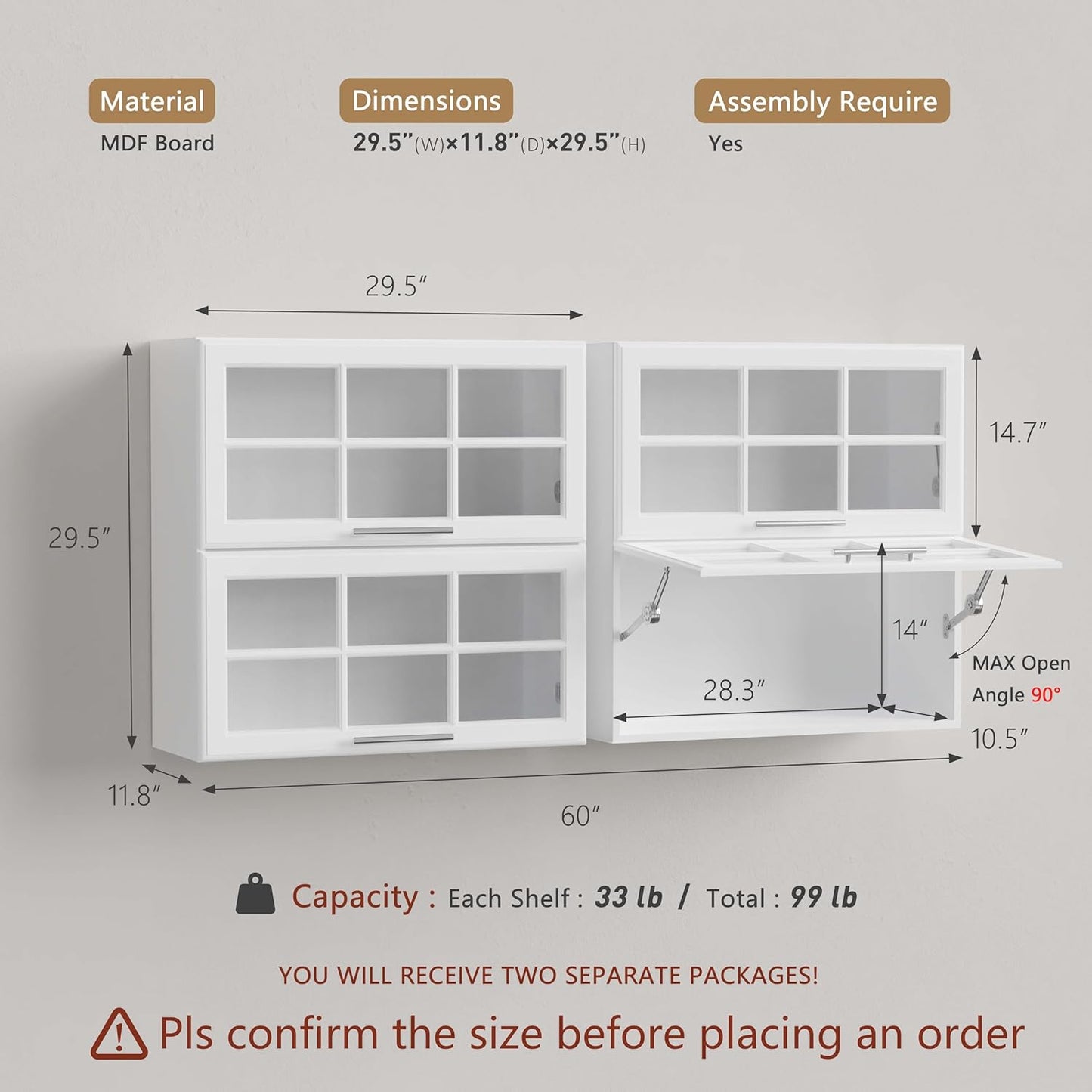 FIMELLO 59’’ Laundry Room Cabinets Wall Mounted, Kitchen Wall Cabinet, Bathroom Wall Cabinet, Hanging Display Cabinet, Adjustable Shelf, Glass Door, White