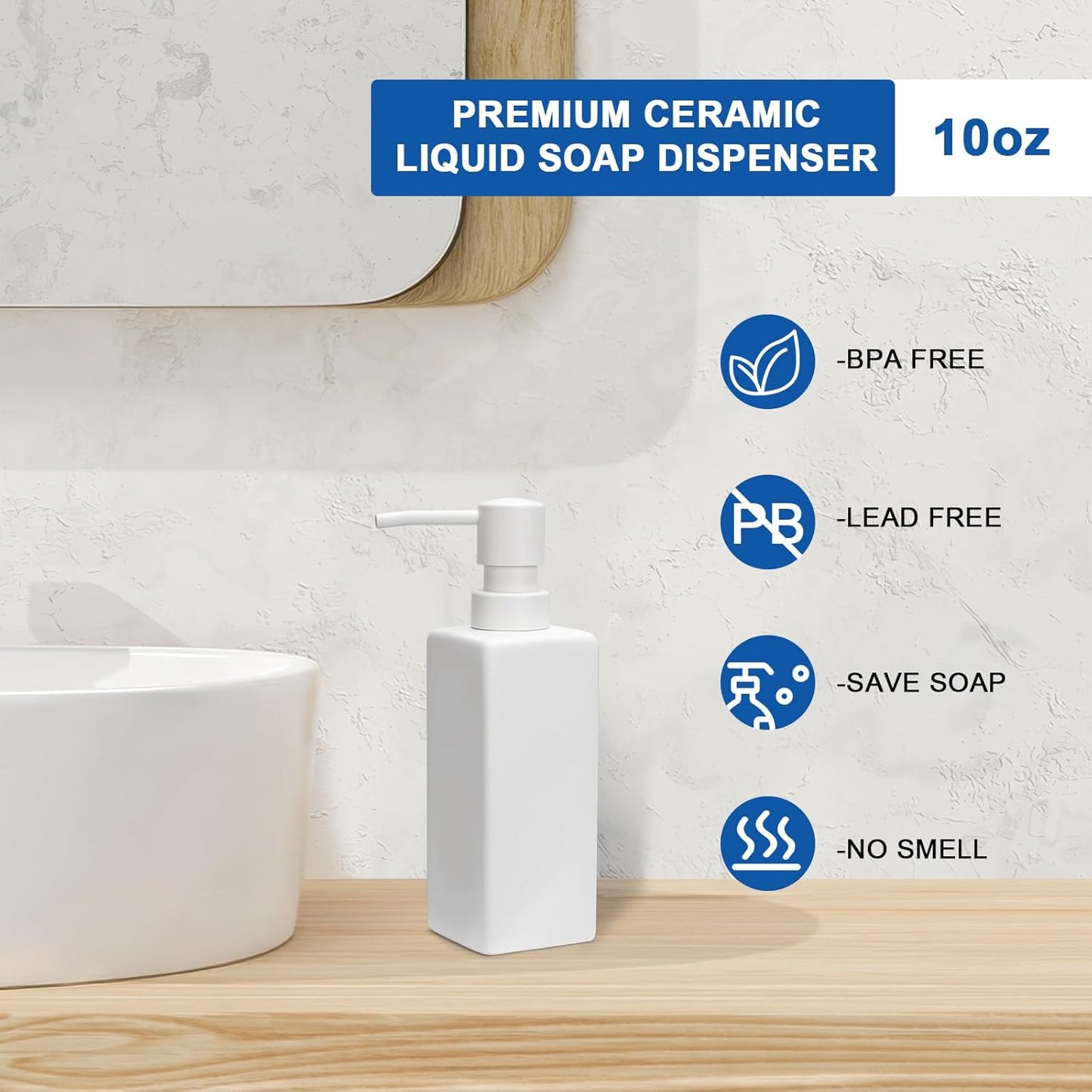 Ceramic White Soap Dispenser with Rust-Proof Plastic Pump for Bathroom 10oz Liquid Hand Soap Dispenser for Kitchen