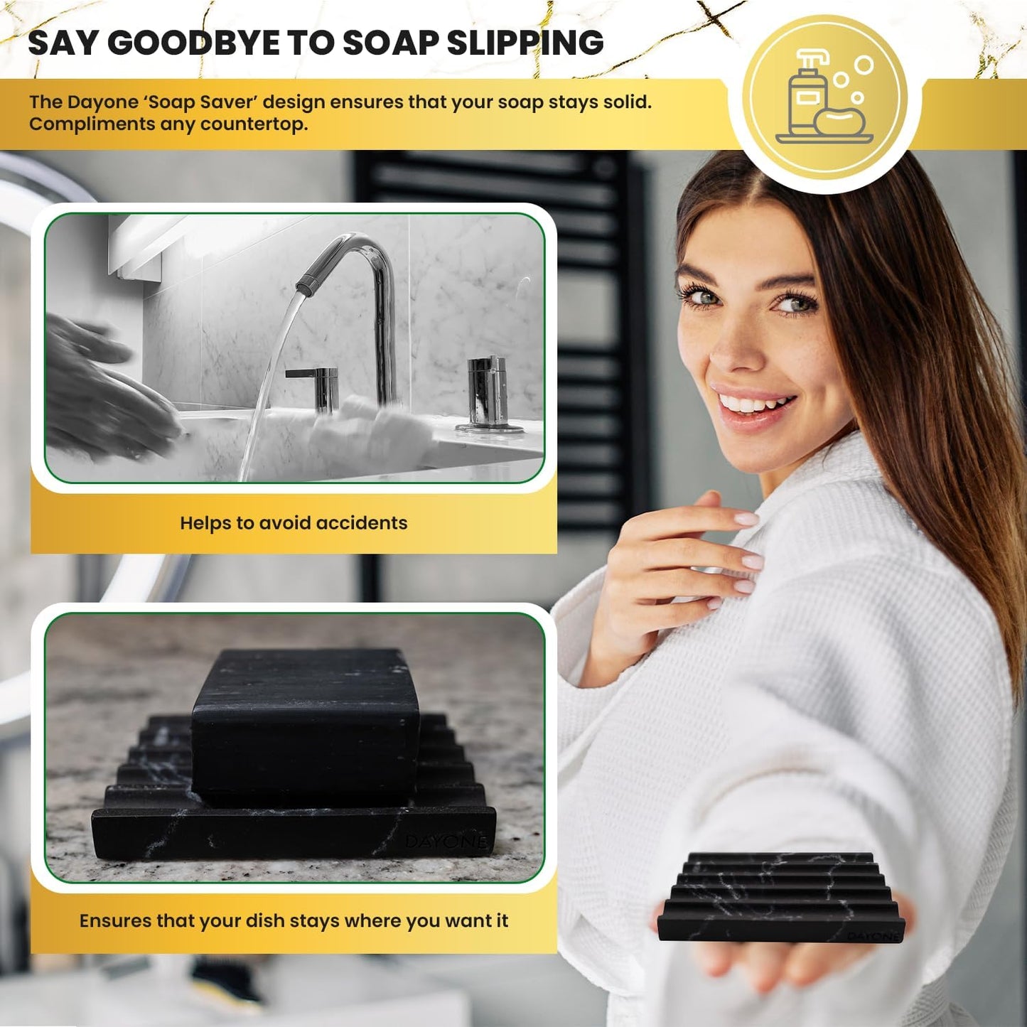 DAYONE Holder with Marble Look - Soap Dish with Soap Saver Ridges Rectangle Bar Soap Holder with Non Slip Feet - Soap Tray for Bathroom, Sink, Kitchen, and SPA (Black)