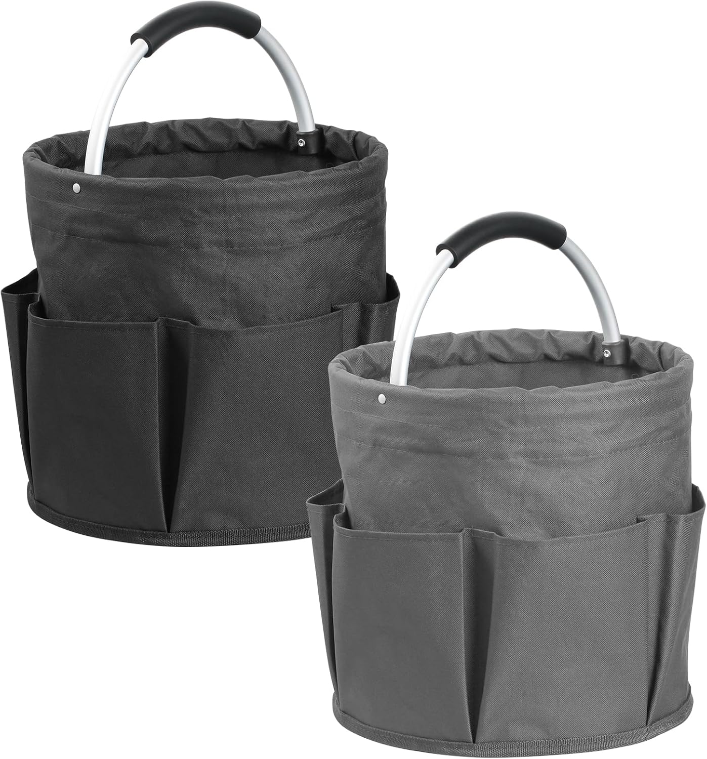 2Pack 17L Foldable Cleaning Supply Caddy with Handle, Portable Bucket Tool Organizer, Garden Tool Bag in 600D Oxford Fabric, Folding Storage Basket for Outdoor, Bathroom, Black + Dark Gray