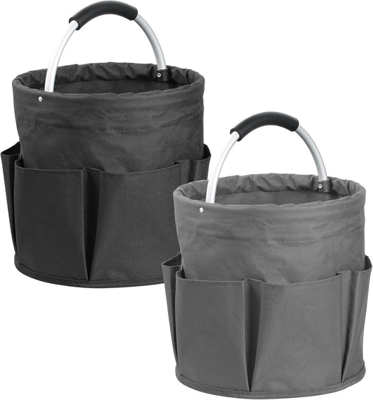 2Pack 17L Foldable Cleaning Supply Caddy with Handle, Portable Bucket Tool Organizer, Garden Tool Bag in 600D Oxford Fabric, Folding Storage Basket for Outdoor, Bathroom, Black + Dark Gray