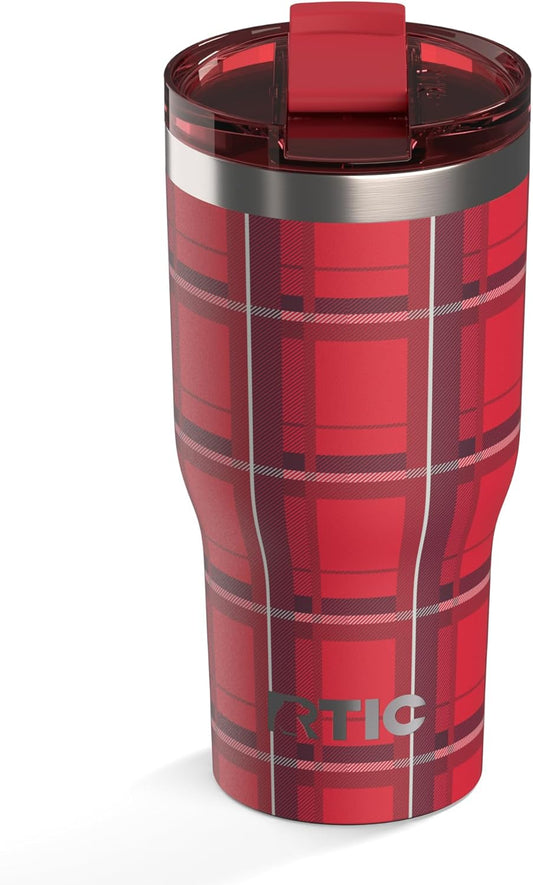RTIC 30oz Essential Tumbler with Lid, Ceramic Lined, Insulated, Stainless Steel, Metal, Double Wall Vacuum-Insulation, Travel Cup for Iced Coffee, Tea, Hot and Cold Drink, Red Plaid