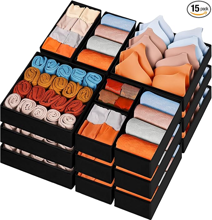 Criusia Closet Drawer Organizer Clothes, 15 Pack Dresser Organizer for Baby Clothes, Fabric Drawer Dividers for Nursery Bedroom (Black)