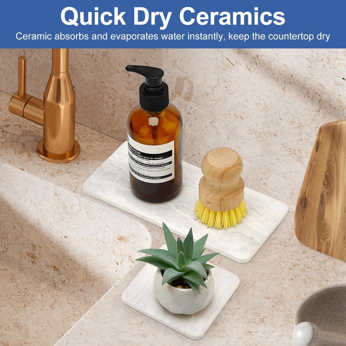 4 Pack Water Absorbing Stone Drying Tray for Bathroom Sink Trays Kitchen Counter Diatomite Stone Quick Dry Diatomaceous Earth Mat for Sink Kitchen Soap Trays Ceramic Marble Bathroom Vanity Tray